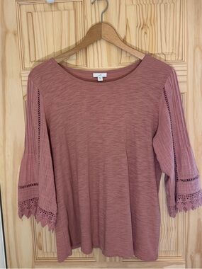 J. Jill Mauve Lace-Trim Three-Quarter Sleeve Top